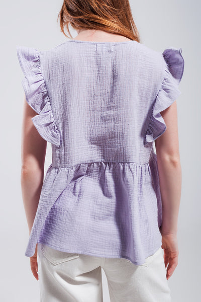 Cotton tank top with ruffle sleeves in lilac