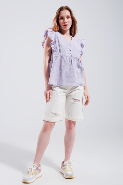 Cotton tank top with ruffle sleeves in lilac