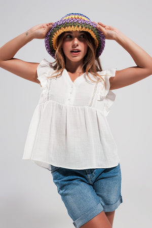 Q2 Cotton tank top with ruffle sleeves in white