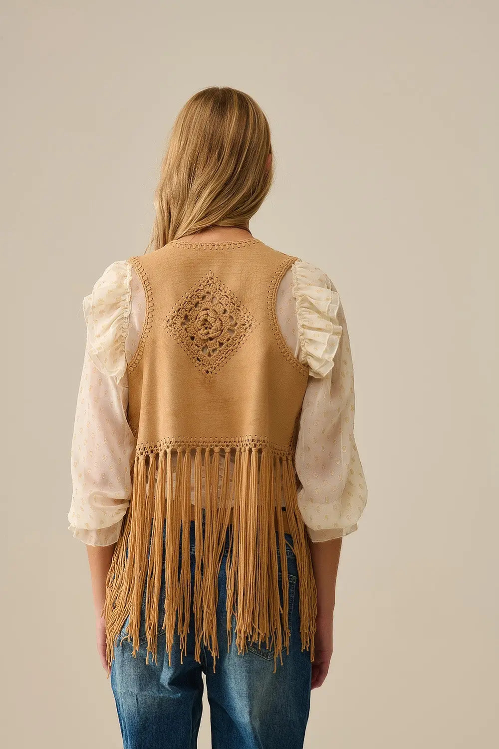 Cowgirl Style Fringe Faux Suede Vest in Camel - One Size / Brown - Coats and Jackets