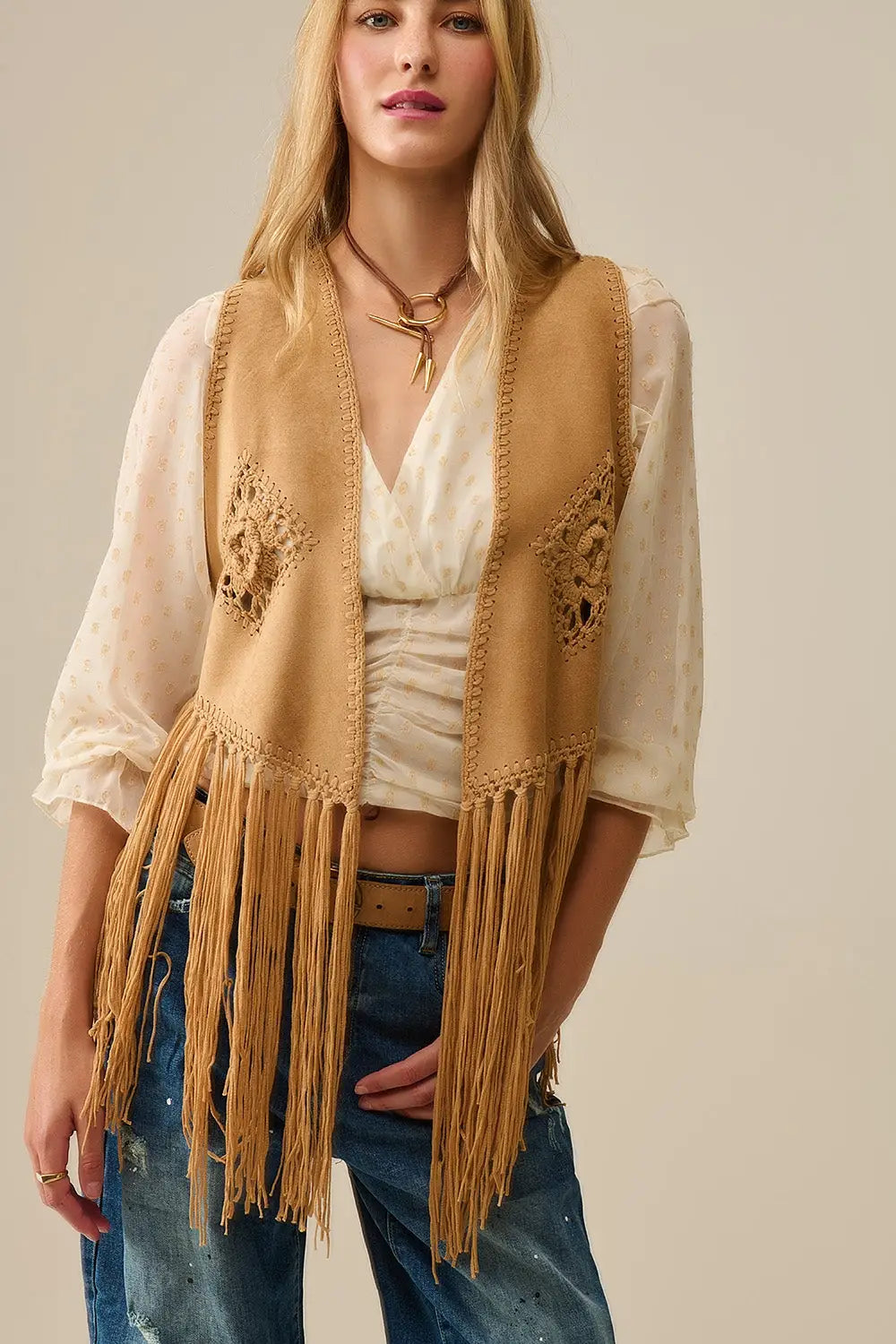 Cowgirl Style Fringe Faux Suede Vest in Camel - One Size / Brown - Coats and Jackets