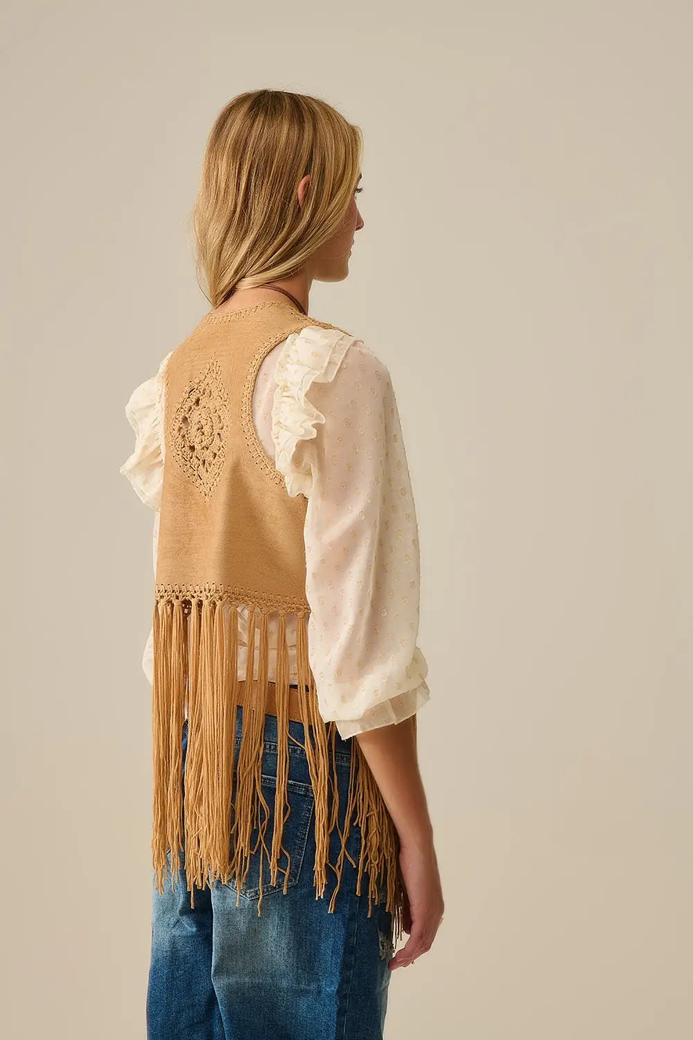 Cowgirl Style Fringe Faux Suede Vest in Camel - One Size / Brown - Coats and Jackets