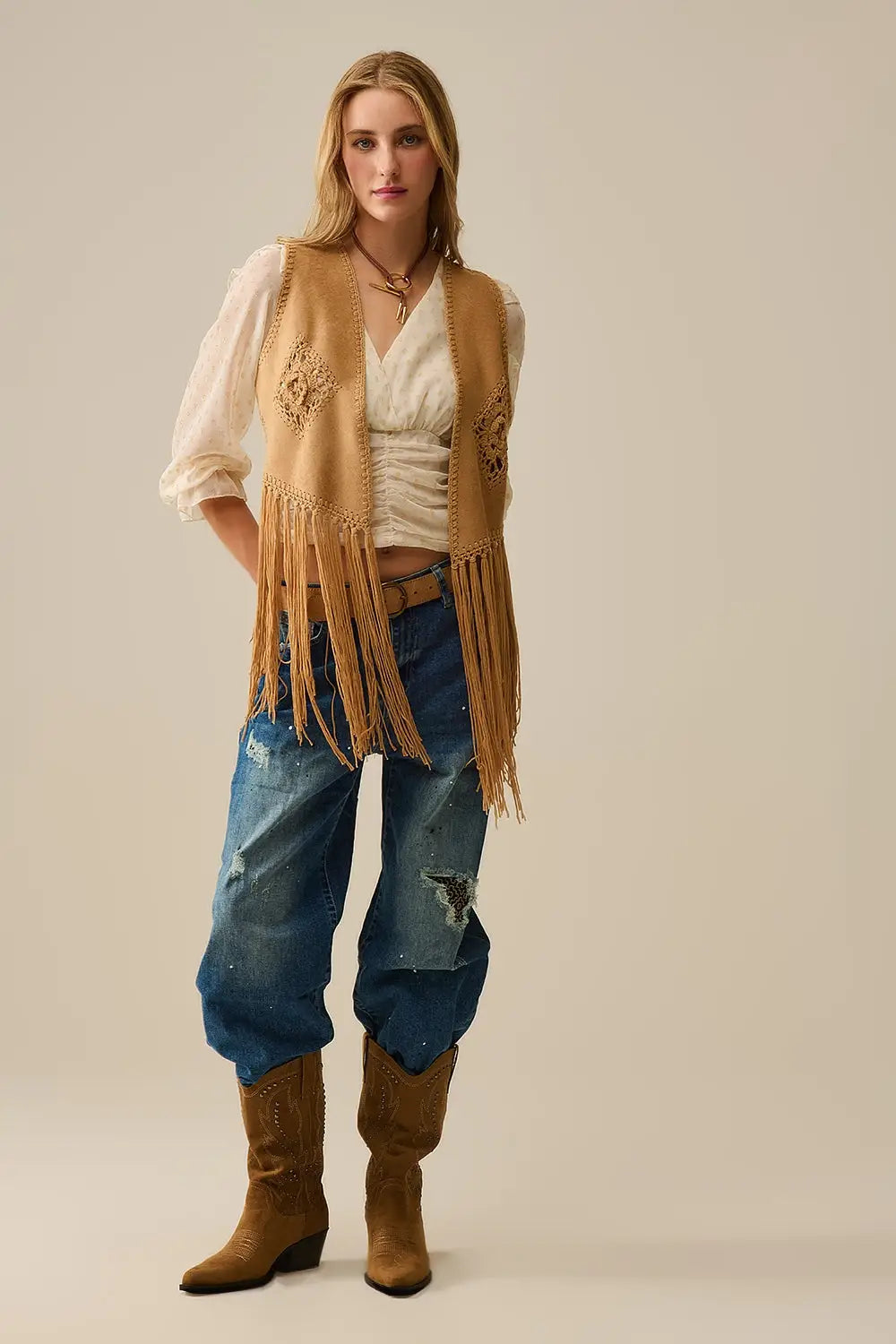 Cowgirl Style Fringe Faux Suede Vest in Camel - One Size / Brown - Coats and Jackets