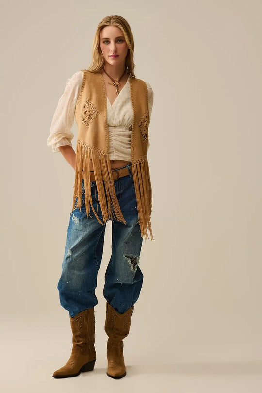 Cowgirl Style Fringe Faux Suede Vest in Camel - One Size / Brown - Coats and Jackets