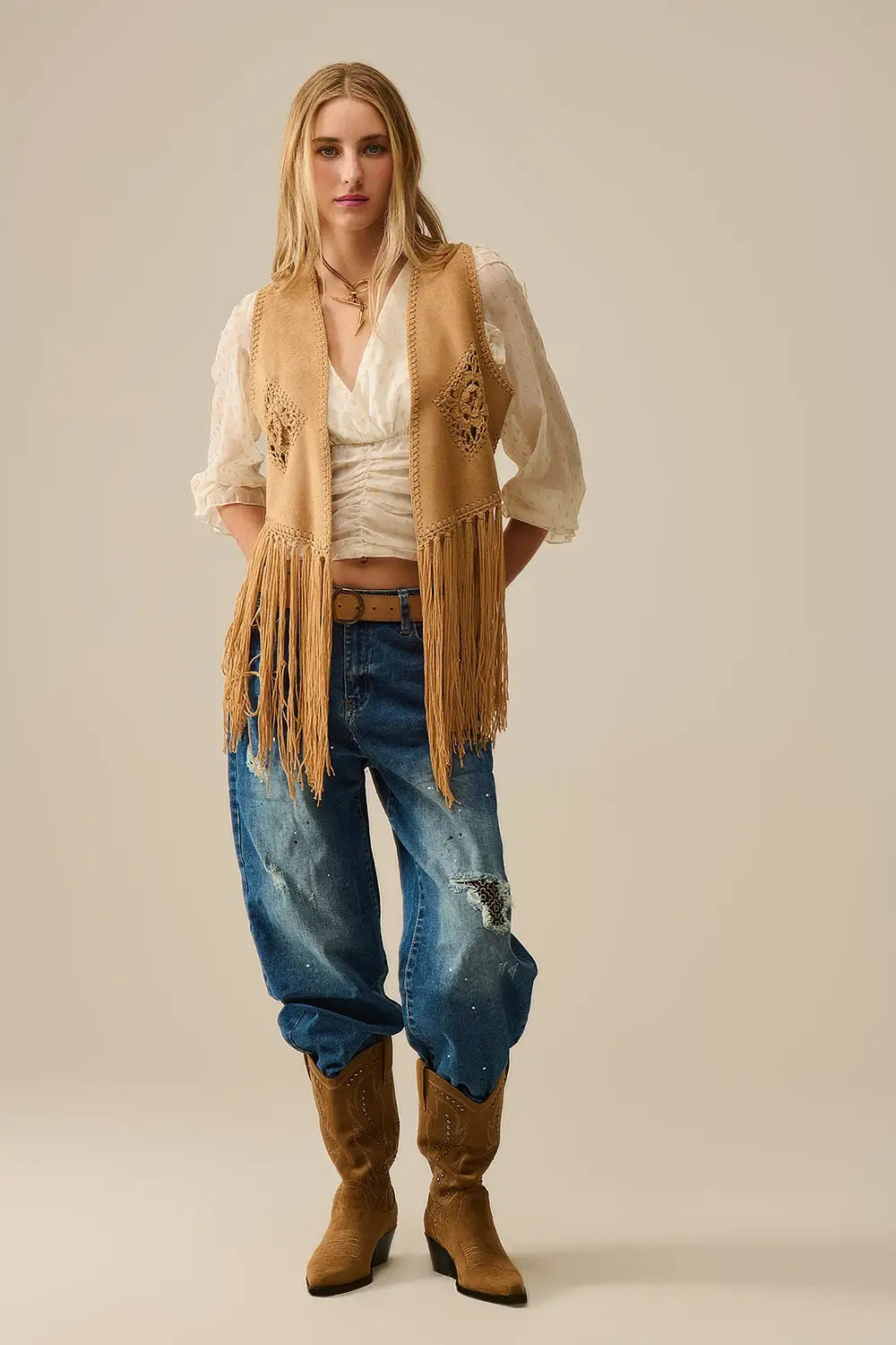Cowgirl Style Fringe Faux Suede Vest in Camel - One Size / Brown - Coats and Jackets