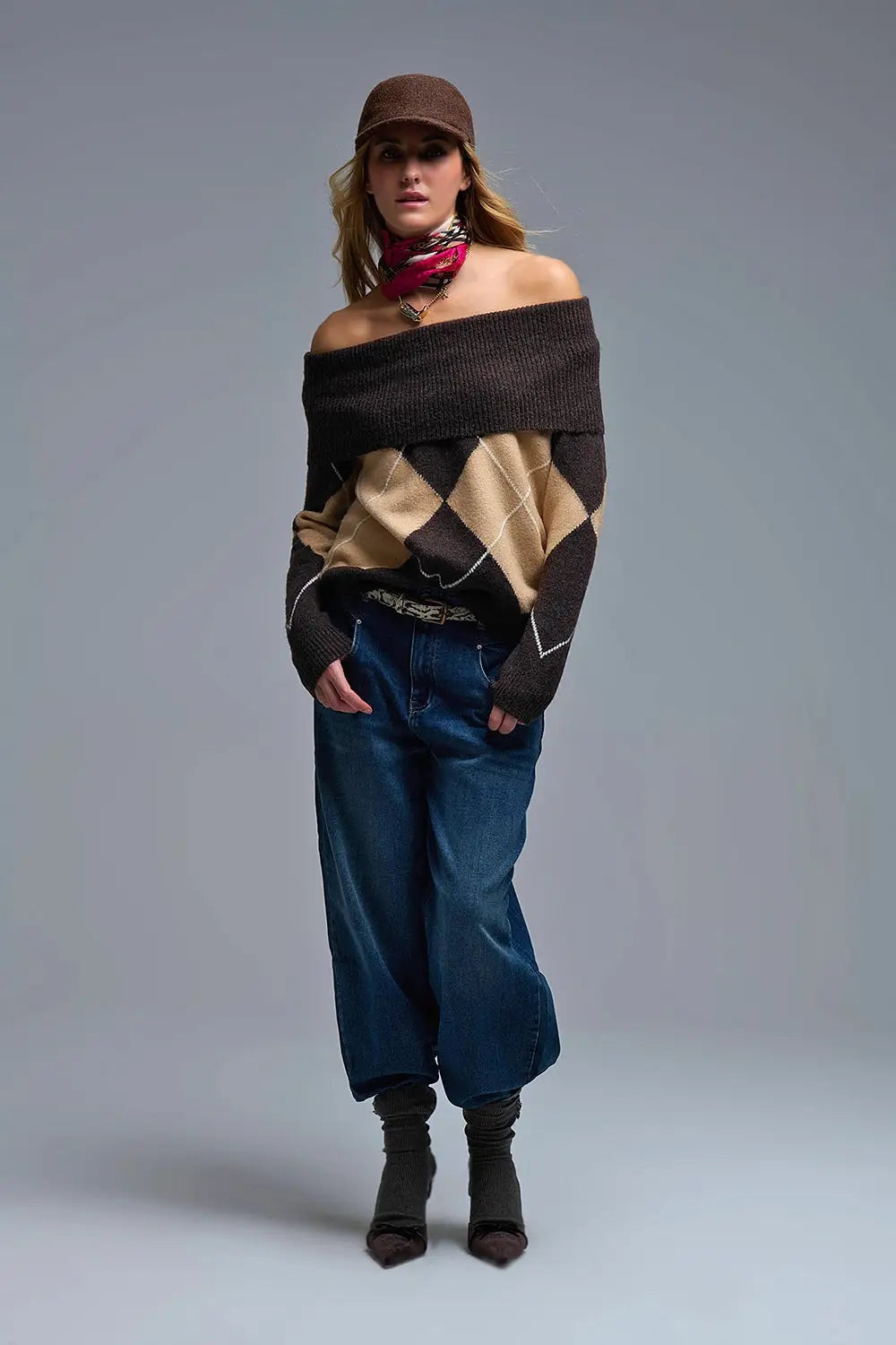 Q2 Cozy Brown Diamond-Pattern Off-Shoulder Sweater