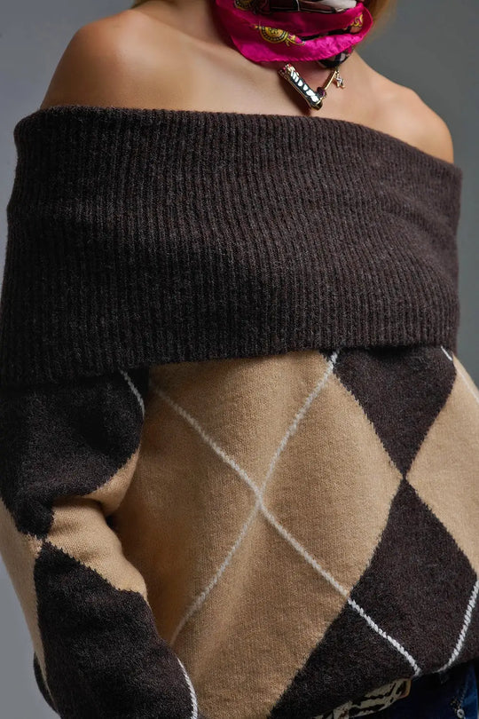 Cozy Brown Diamond-Pattern Off-Shoulder Sweater - One Size / Brown - Sweaters