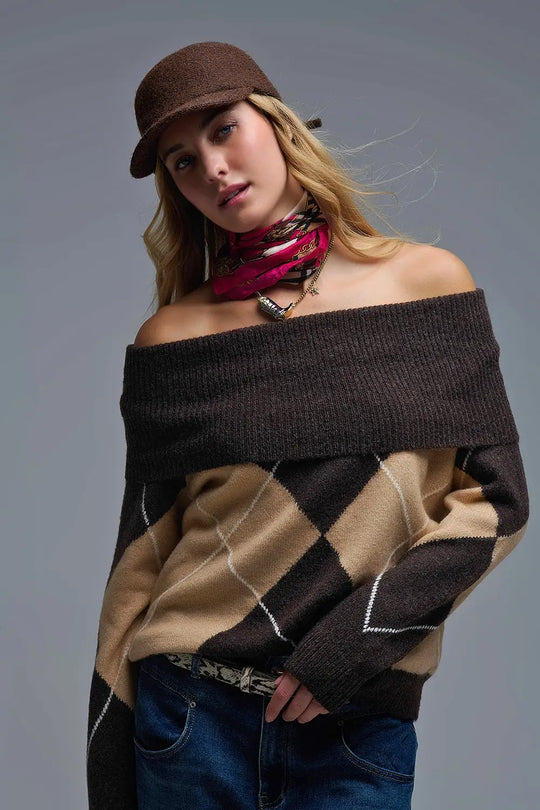 Q2 Cozy Brown Diamond-Pattern Off-Shoulder Sweater