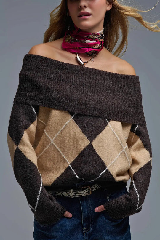 Cozy Brown Diamond-Pattern Off-Shoulder Sweater - One Size / Brown - Sweaters