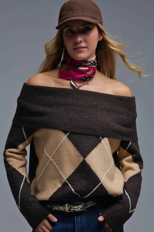 Cozy Brown Diamond-Pattern Off-Shoulder Sweater - One Size / Brown - Sweaters