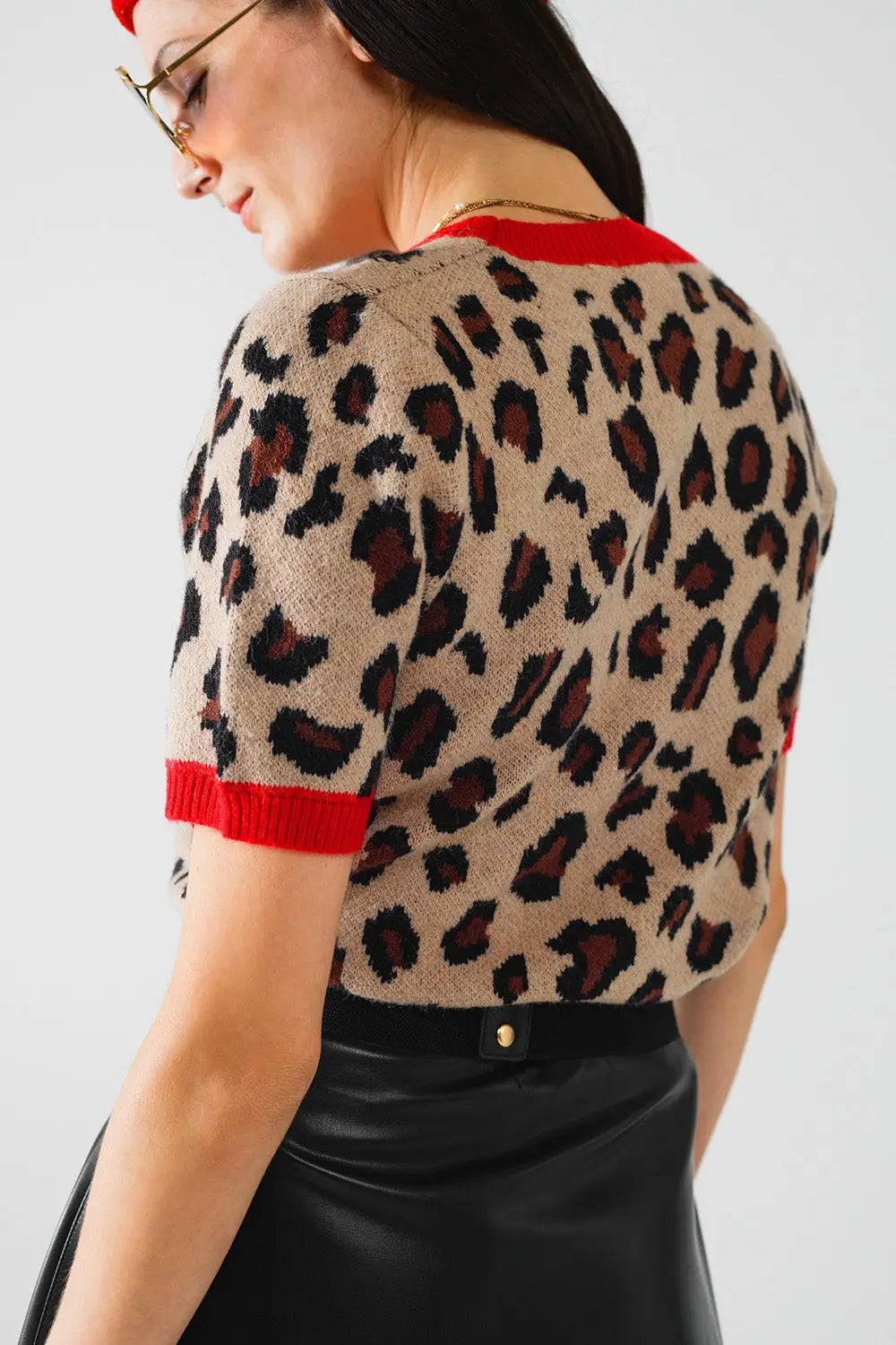 cozy panther print sweater shirt with red edges - One Size / Brown - Sweaters
