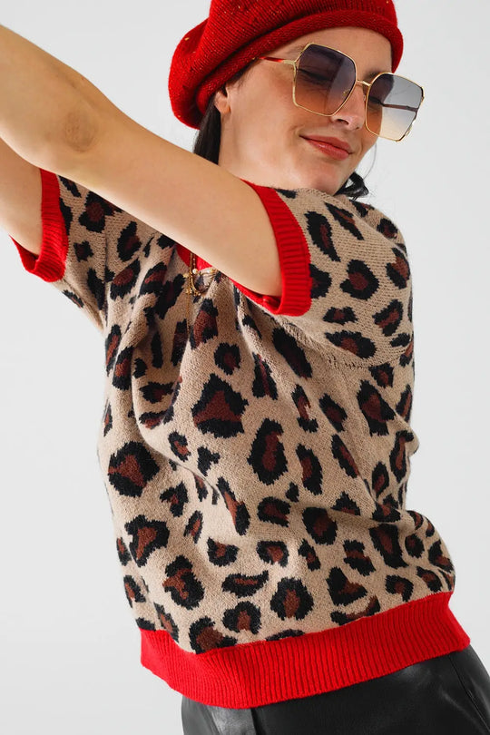 cozy panther print sweater shirt with red edges - One Size / Brown - Sweaters
