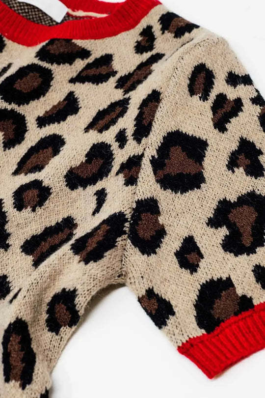 cozy panther print sweater shirt with red edges - One Size / Brown - Sweaters