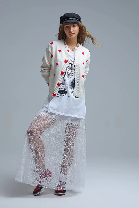 Cozy White Cardigan with Red Hearts - One Size / Red - Sweaters