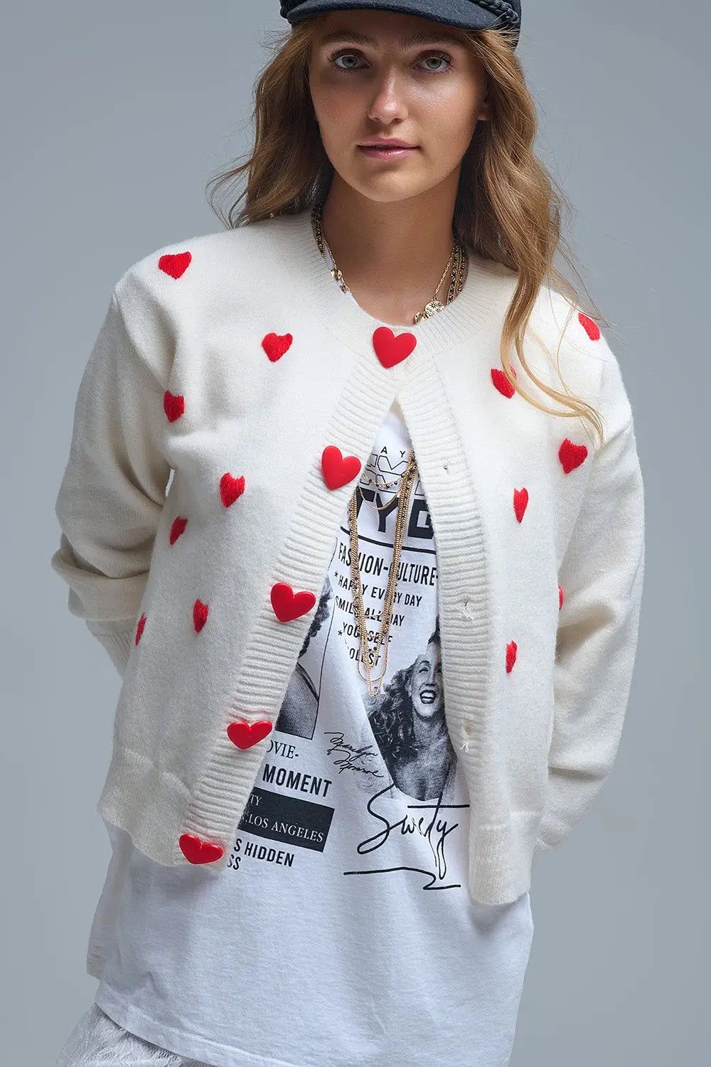 Cozy White Cardigan with Red Hearts - One Size / Red - Sweaters