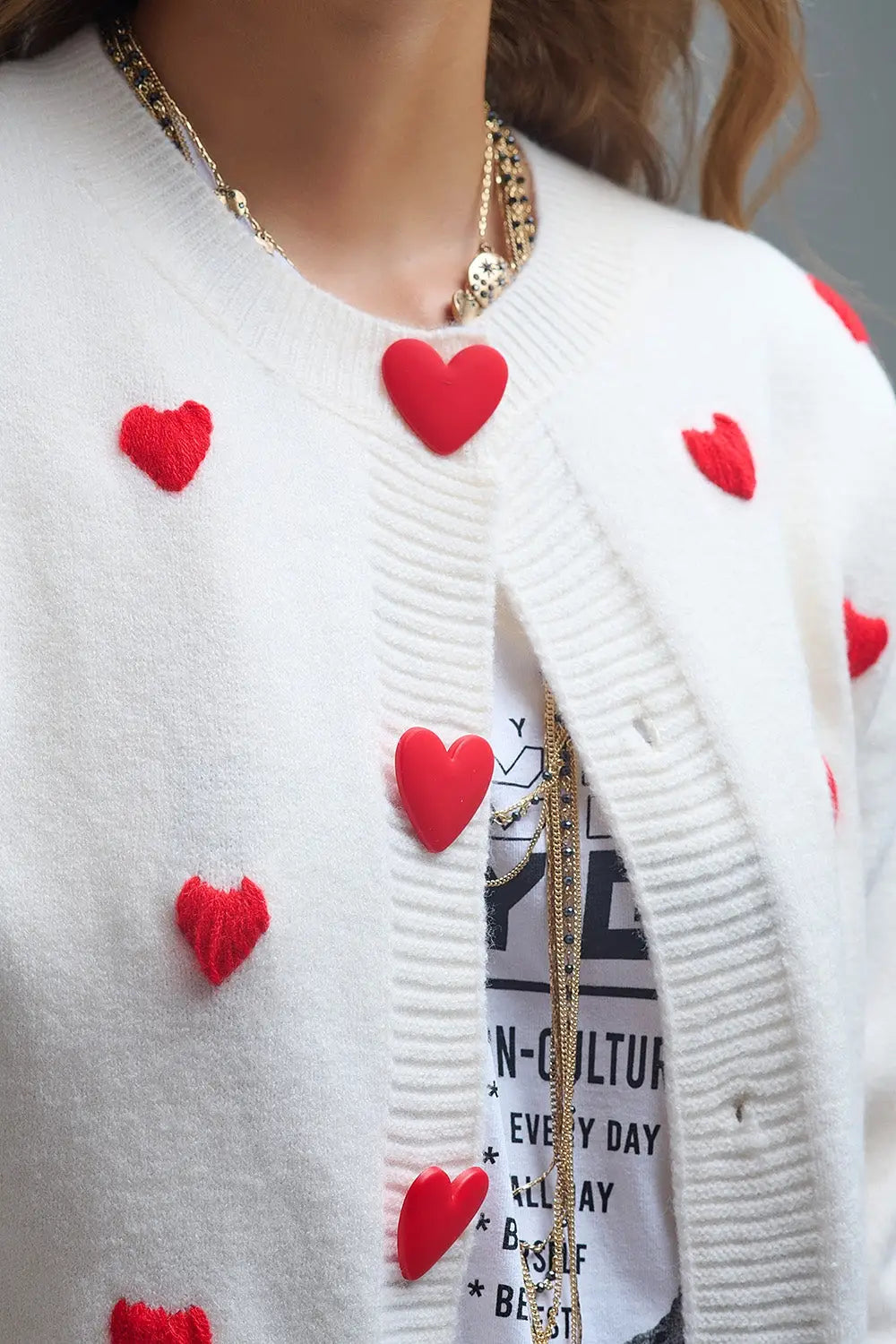 Cozy White Cardigan with Red Hearts - One Size / Red - Sweaters