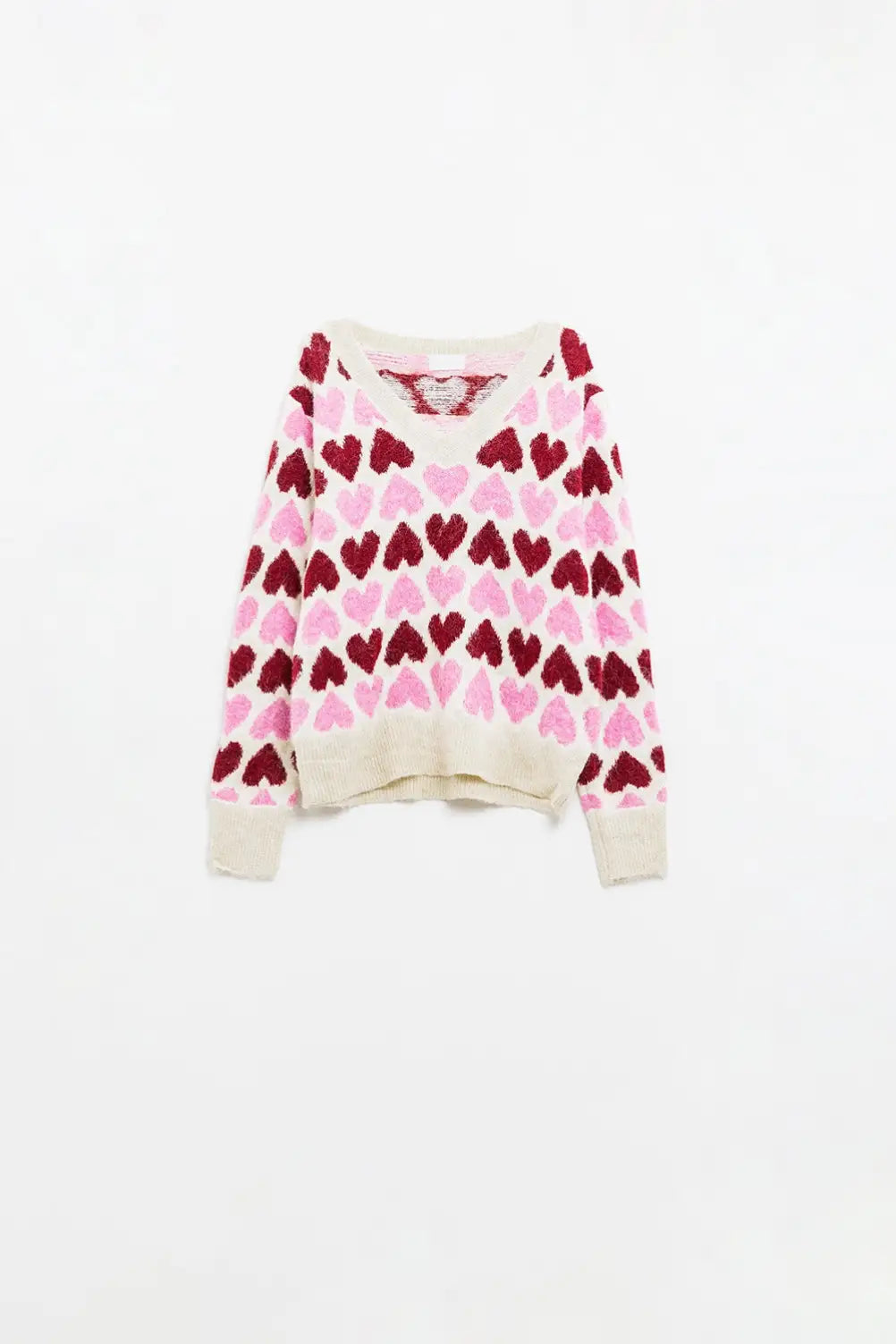 Cozy White Sweater With Pink Hearts - One Size / Pink - Sweaters