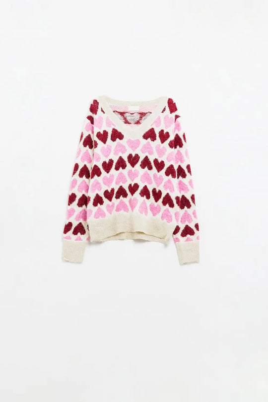 Cozy White Sweater With Pink Hearts - One Size / Pink - Sweaters
