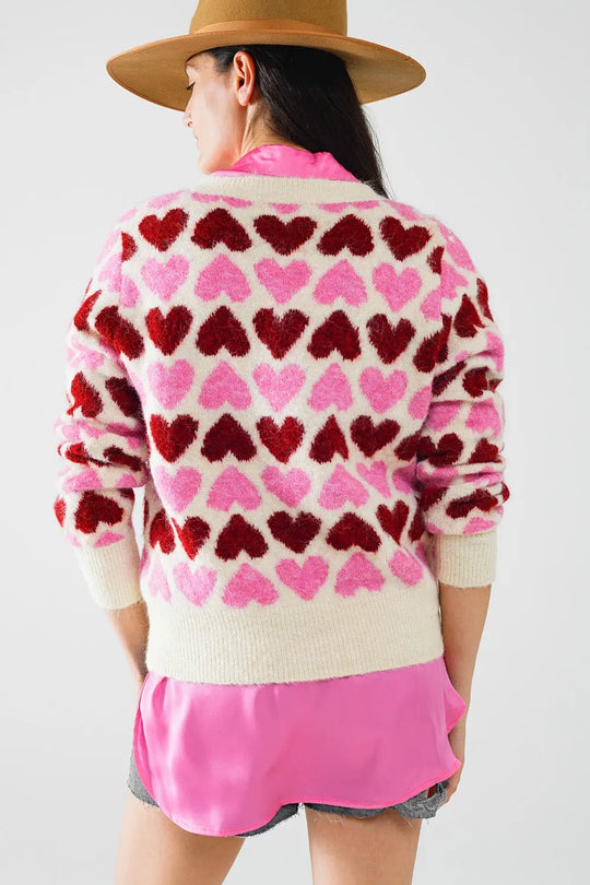 Cozy White Sweater With Pink Hearts - One Size / Pink - Sweaters