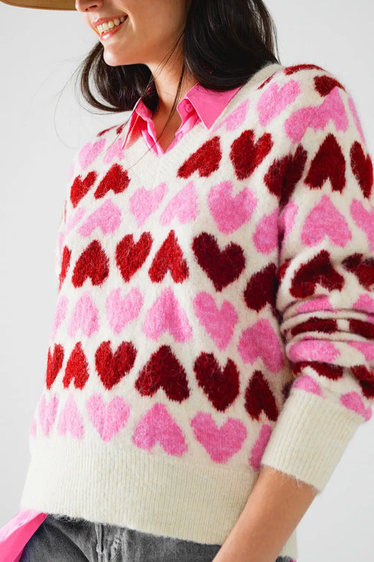 Cozy White Sweater With Pink Hearts - One Size / Pink - Sweaters