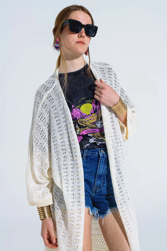 Cream Boho Style Cardigan With Stripes Pointelle Knit and Fringe Details - One Size / Beige - Sweaters