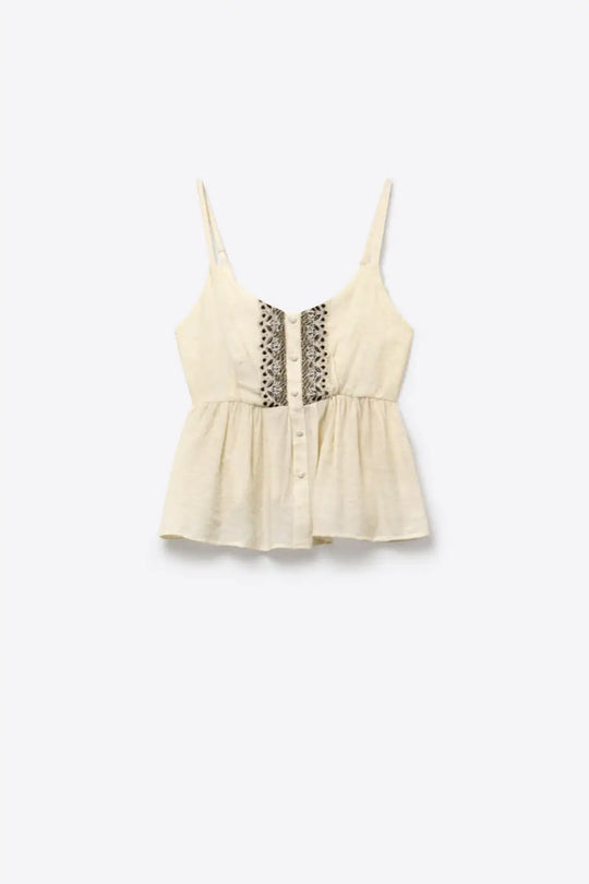 Cream Button-Front Peplum Top with Embroidered detail - Tops