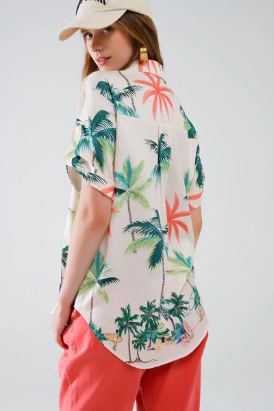 Cream Button Up Shirt with Beach Print and Polo Collar - Shirts