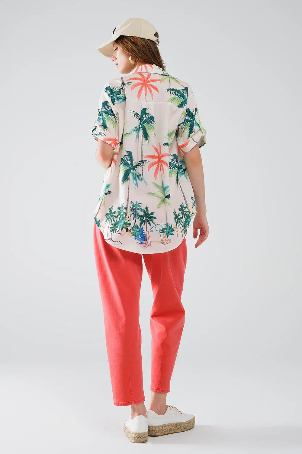 Cream Button Up Shirt with Beach Print and Polo Collar - Shirts