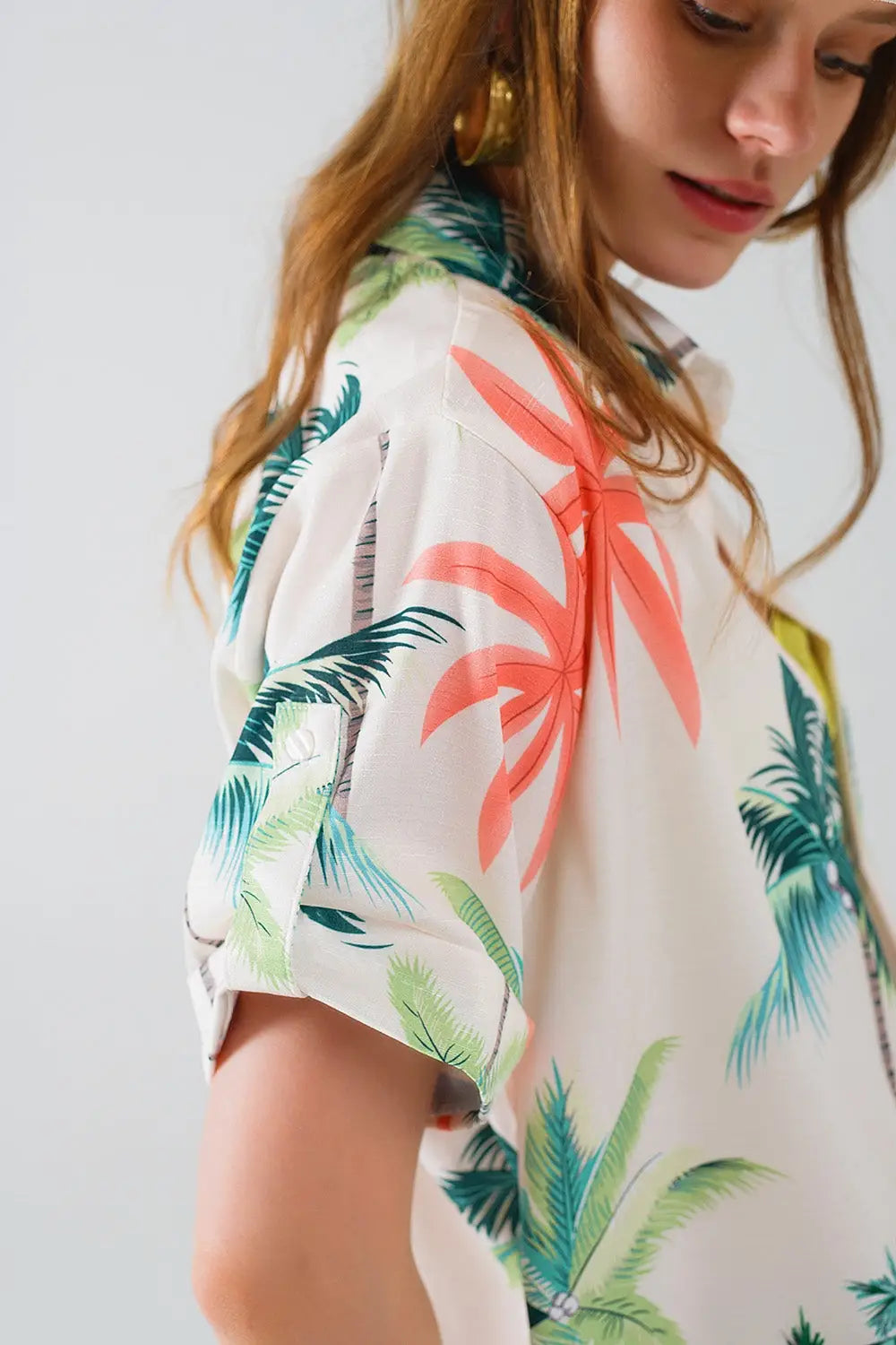 Cream Button Up Shirt with Beach Print and Polo Collar - Shirts