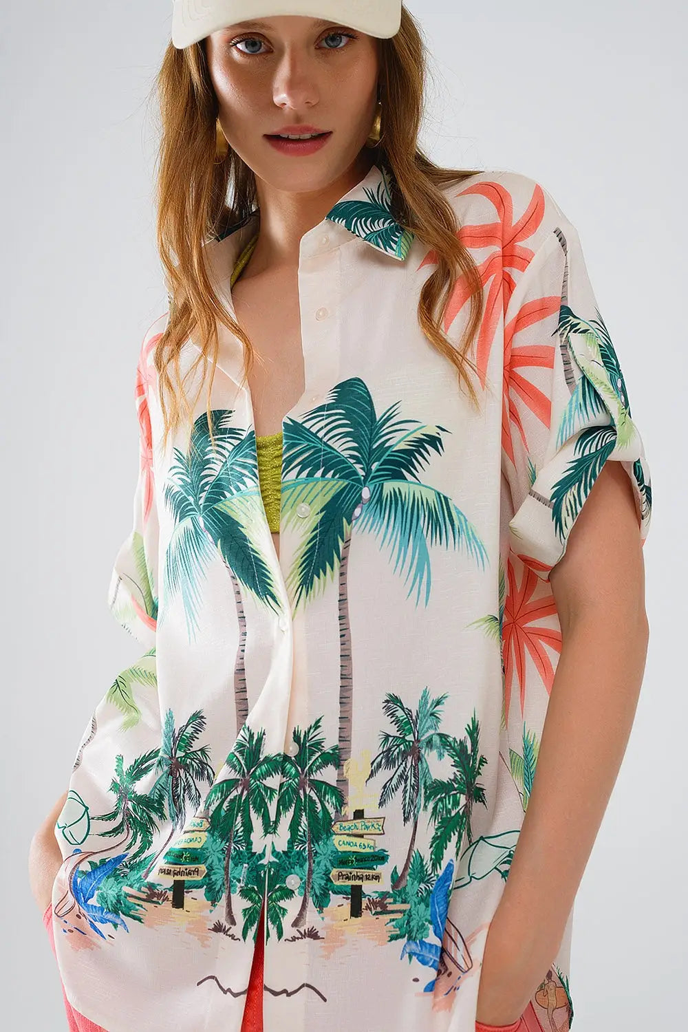 Cream Button Up Shirt with Beach Print and Polo Collar - Shirts