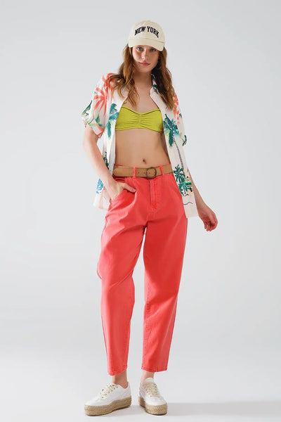 Cream Button Up Shirt with Beach Print and Polo Collar - Shirts