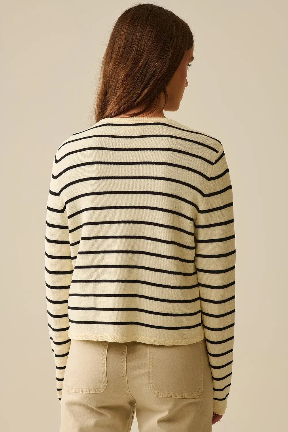 Cream Cardigan with Black Stripes and Gold Buttons - One Size / White - Sweaters