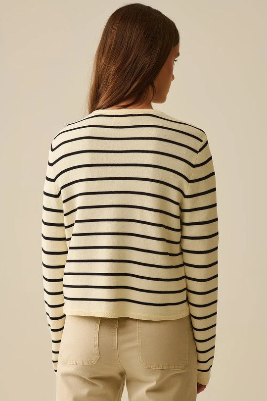 Cream Cardigan with Black Stripes and Gold Buttons - One Size / White - Sweaters