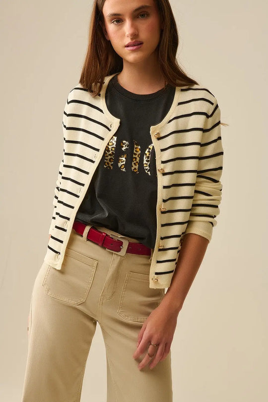 Cream Cardigan with Black Stripes and Gold Buttons - One Size / White - Sweaters