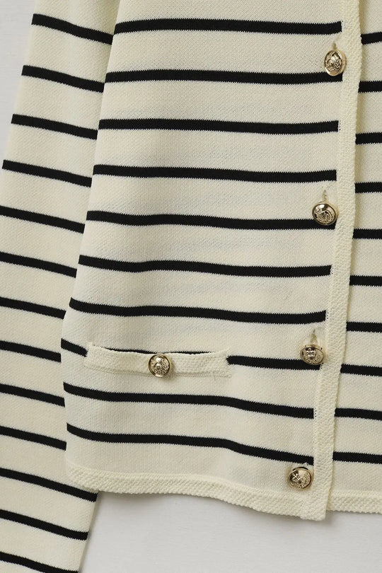 Cream Cardigan with Black Stripes and Gold Buttons - One Size / White - Sweaters