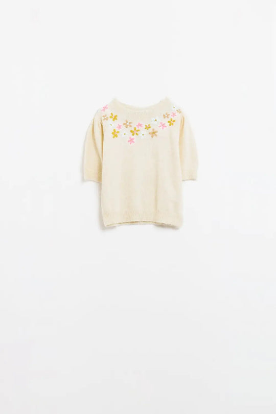 Cream chunky knit short-sleeved sweater with pastel-colored embroidered flowers - One Size / White - Sweaters
