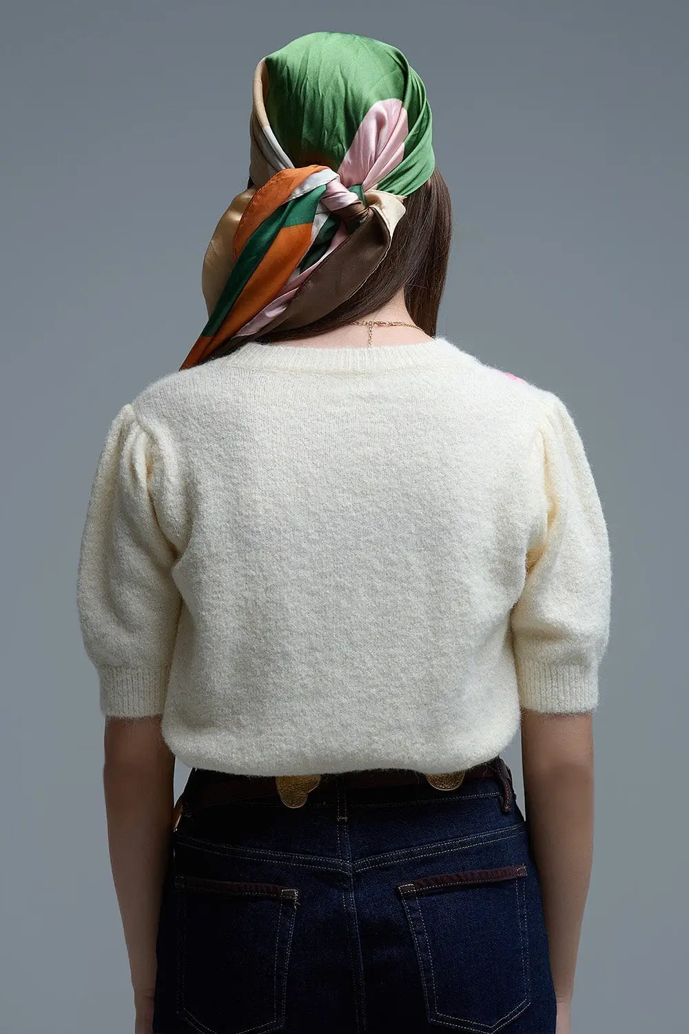 Cream chunky knit short-sleeved sweater with pastel-colored embroidered flowers - One Size / White - Sweaters