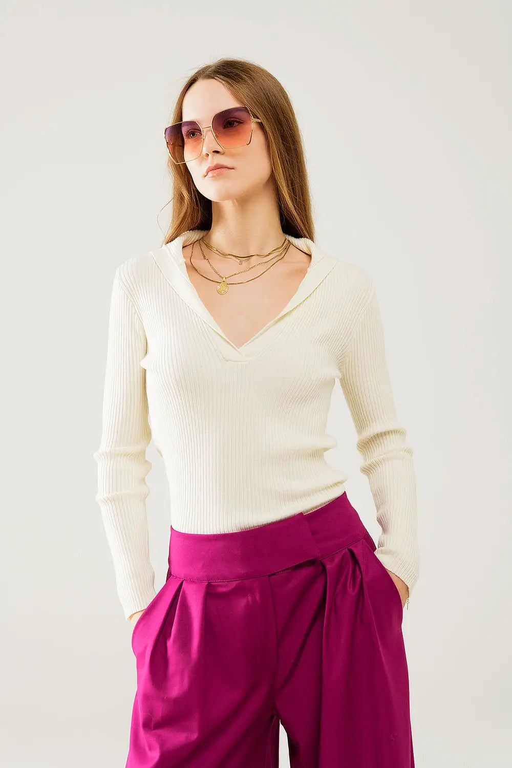 cream Collared Rib sweater With Long Sleeves - Sweaters
