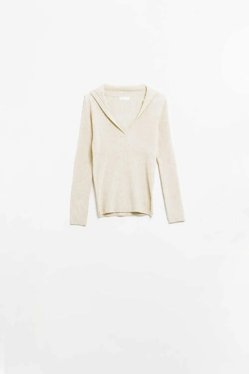cream Collared Rib sweater With Long Sleeves - Sweaters