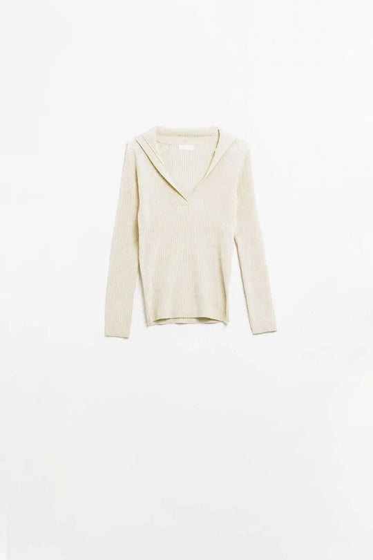 cream Collared Rib sweater With Long Sleeves - Sweaters