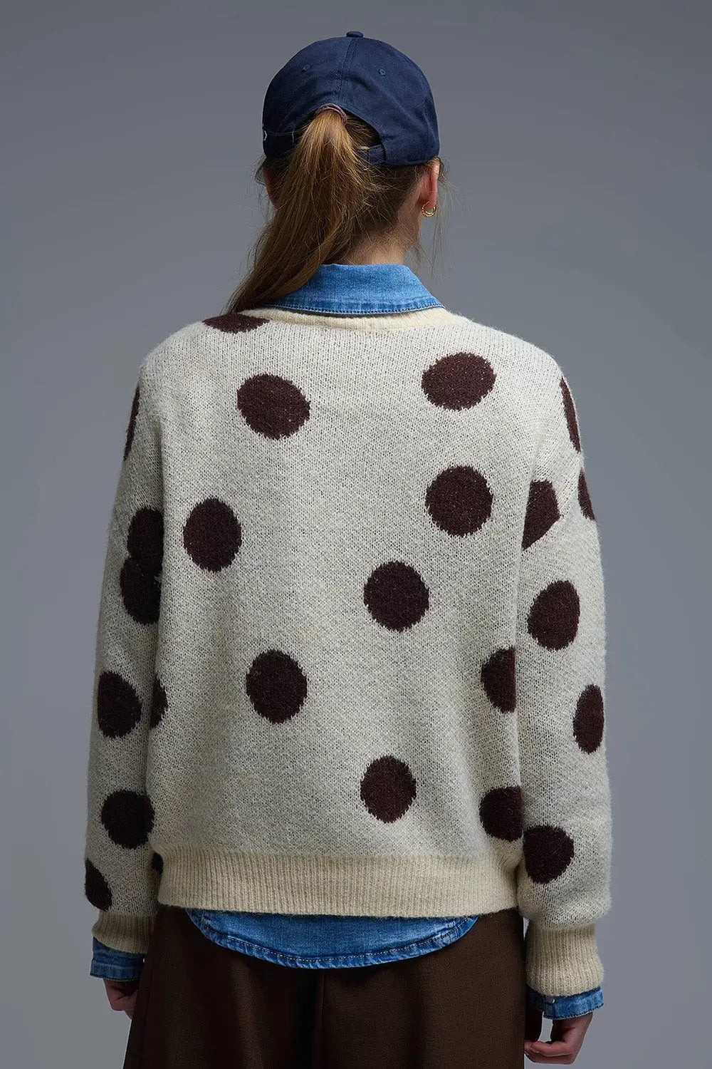 Cream Crew Neck Sweater with brown Polka Dot - One Size / White - Sweaters