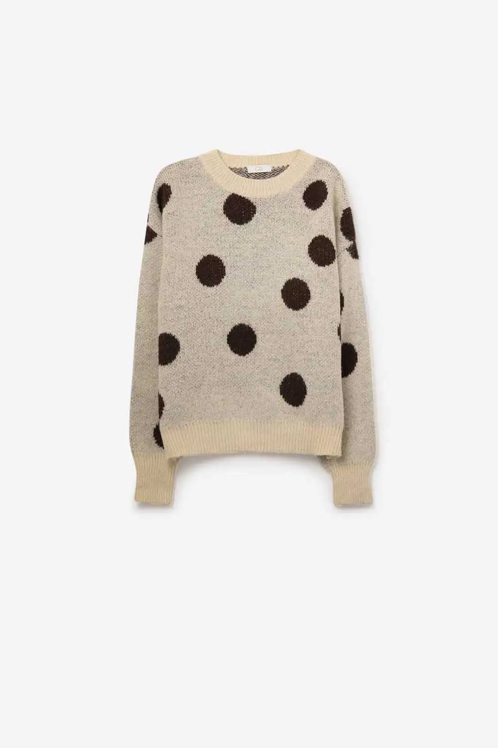 Cream Crew Neck Sweater with brown Polka Dot - One Size / White - Sweaters