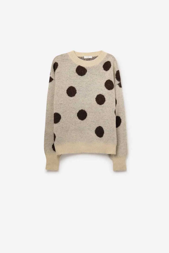 Cream Crew Neck Sweater with brown Polka Dot - One Size / White - Sweaters