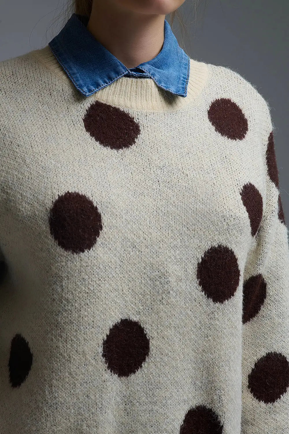 Cream Crew Neck Sweater with brown Polka Dot - One Size / White - Sweaters