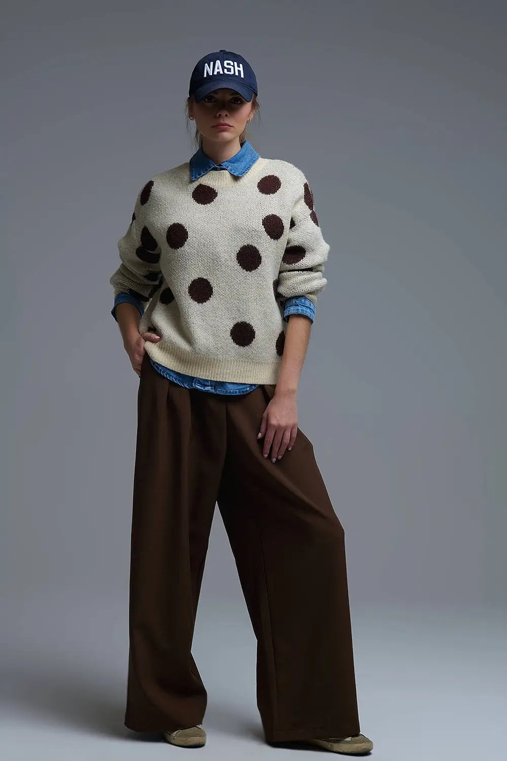 Cream Crew Neck Sweater with brown Polka Dot - One Size / White - Sweaters