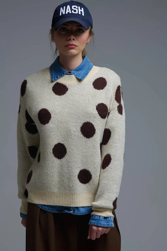 Cream Crew Neck Sweater with brown Polka Dot - One Size / White - Sweaters
