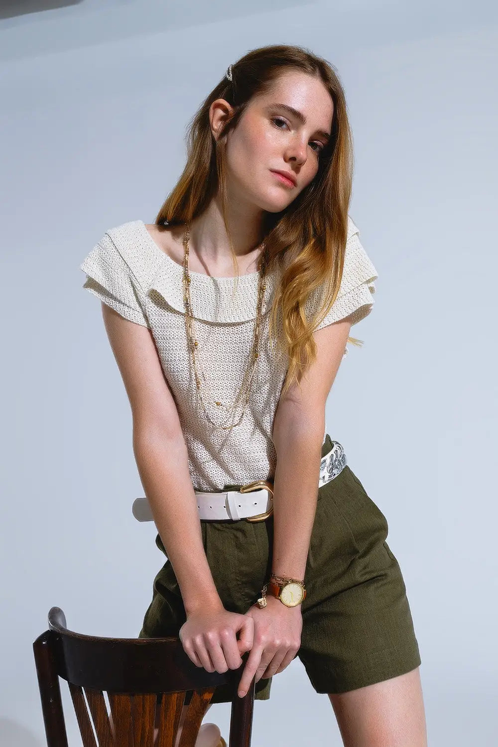 Q2 Cream Croched Short Sleeve Sweater With Boat Neck