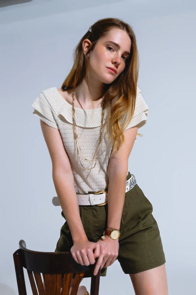 Q2 Cream Croched Short Sleeve Sweater With Boat Neck