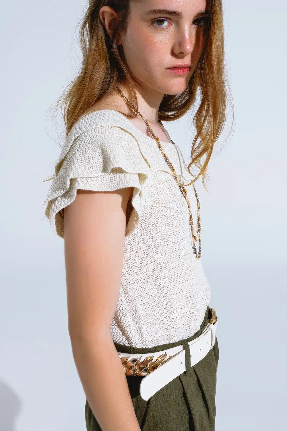 Cream Croched Short Sleeve Sweater With Boat Neck - Sweaters