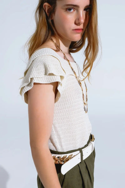 Cream Croched Short Sleeve Sweater With Boat Neck - Sweaters